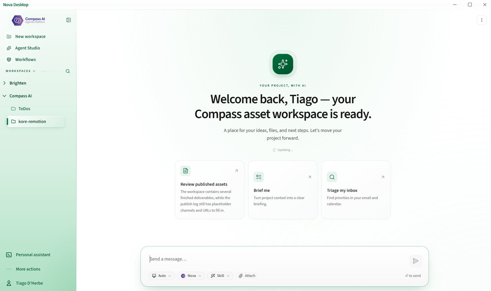 Compass Desktop workspace with agents, workflows and connected projects
