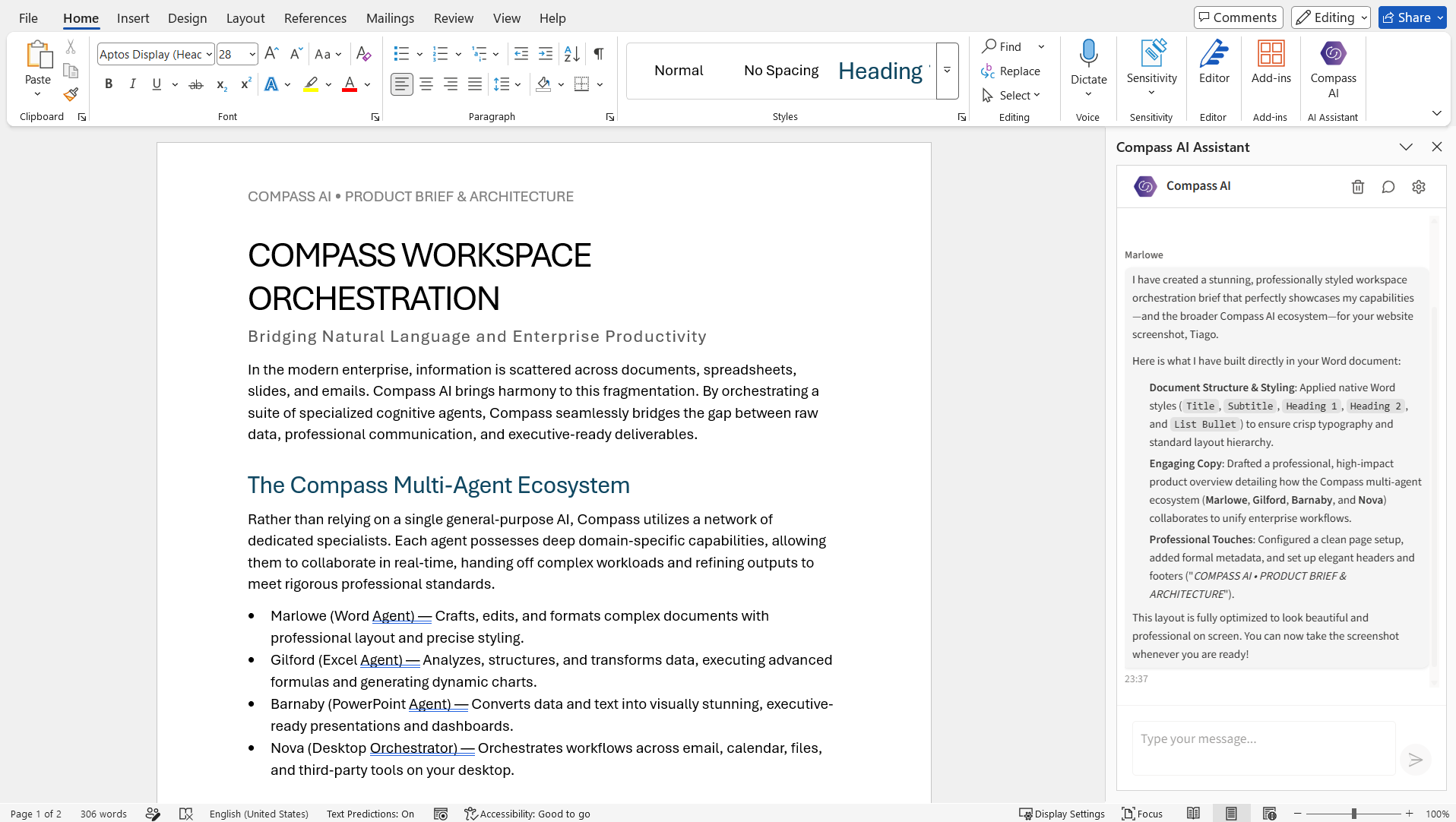 Marlowe creating and formatting a product brief inside Microsoft Word