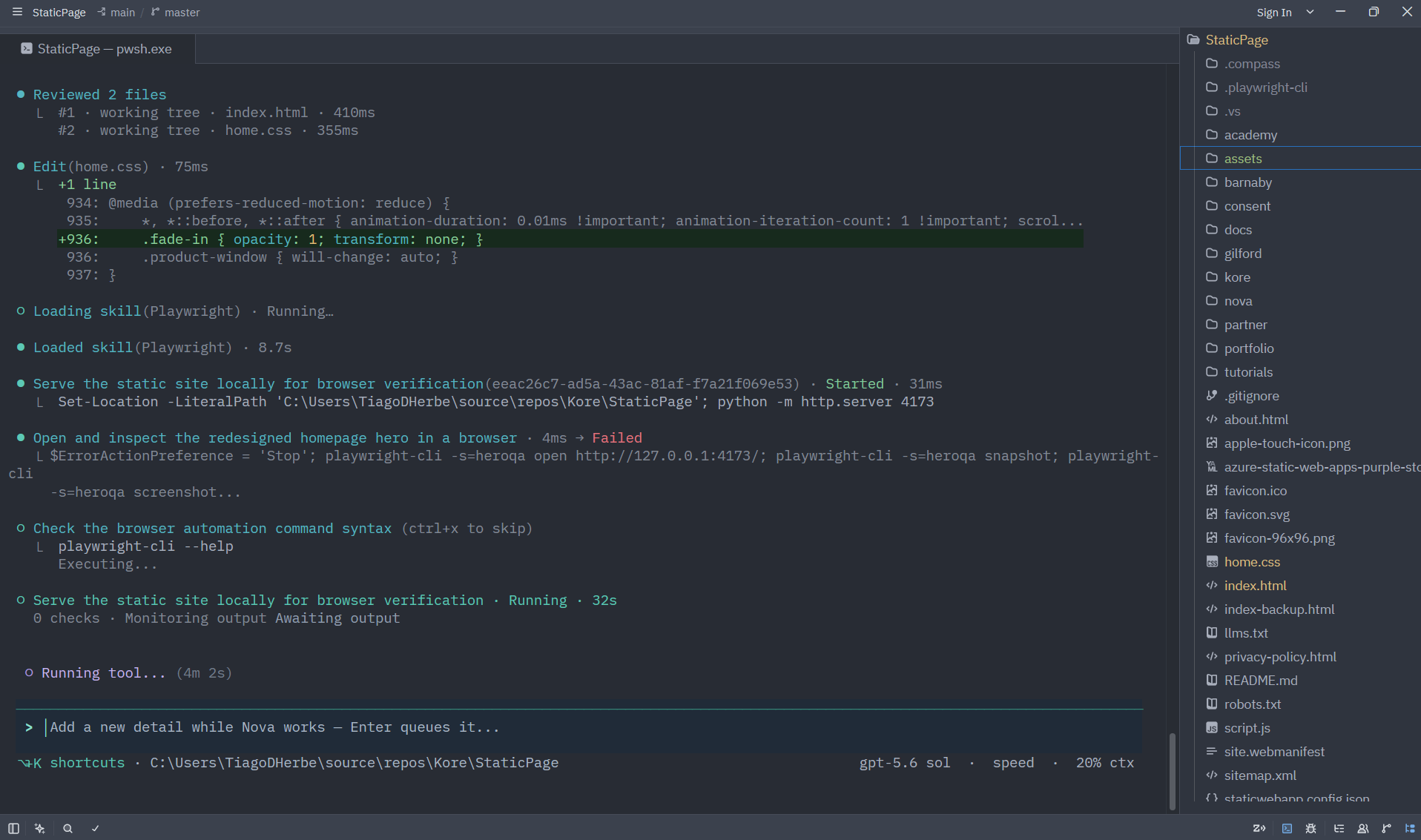 Nova reviewing and improving a software project inside the Compass desktop workspace